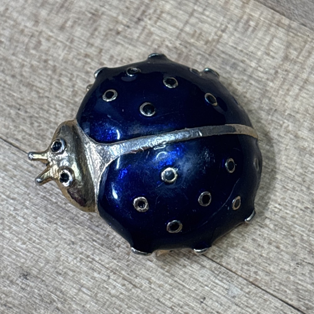 Vintage Yves Rocher Blue Enamel Ladybug Brooch Promo Gold Tone Pin